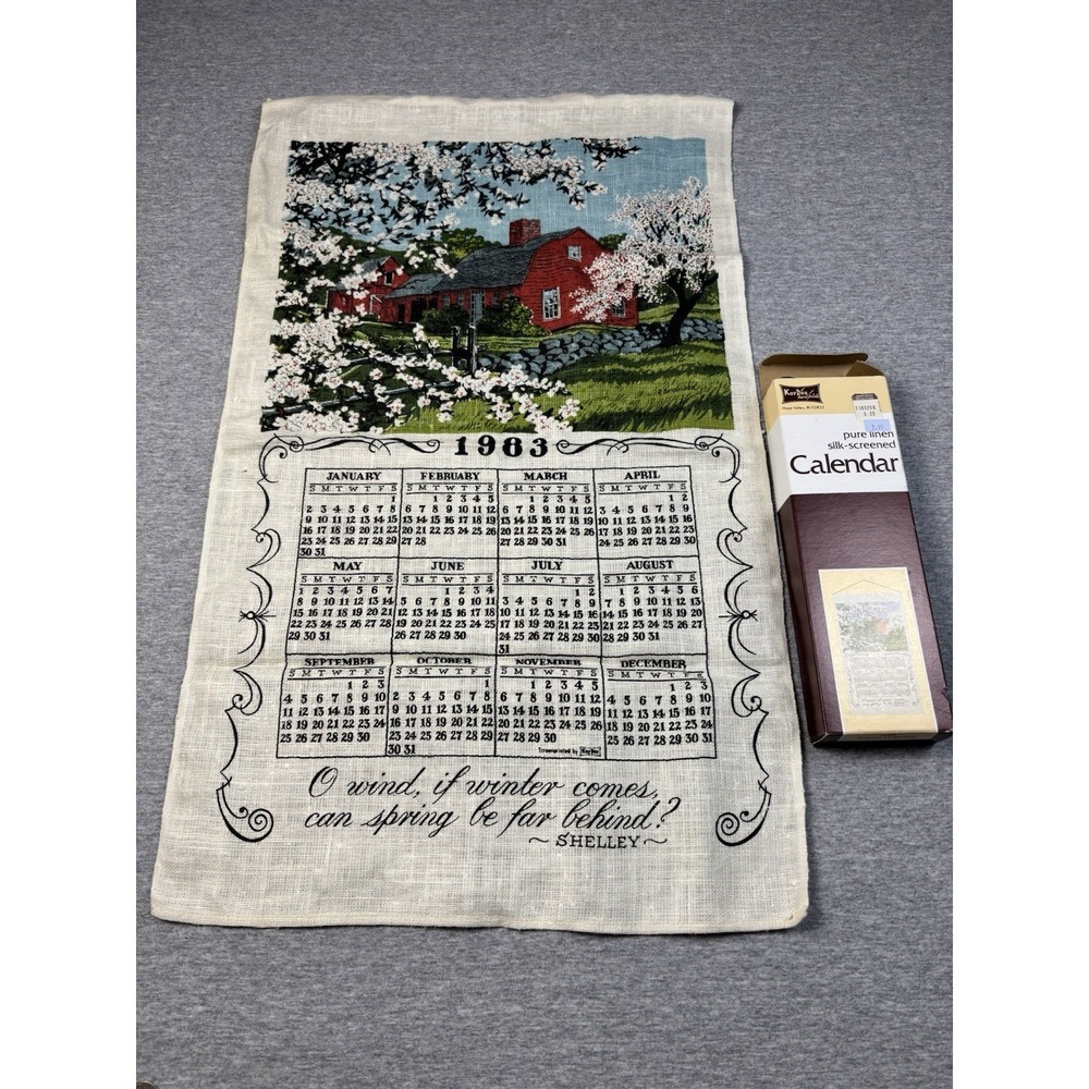 Kay Dee Hand Prints Linen 1983 Calendar‎ Towel With Box Kitchen Tea Red Barn